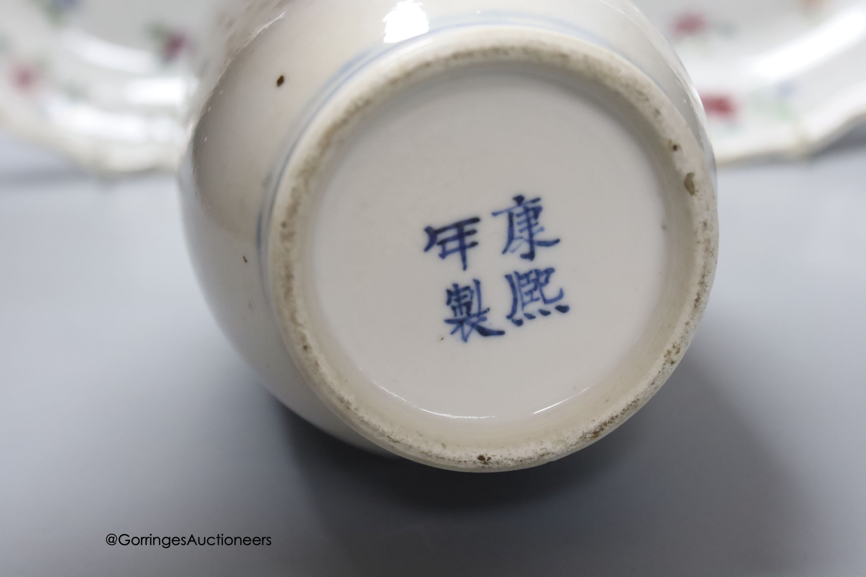 A Chinese late 19th century blue and white vase, height 25.5cm, a pair of 18th century Chinese export famille rose plates and a blue and white tea bowl